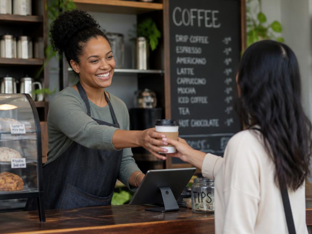A café owner smiling as she hands a coffee to a customer