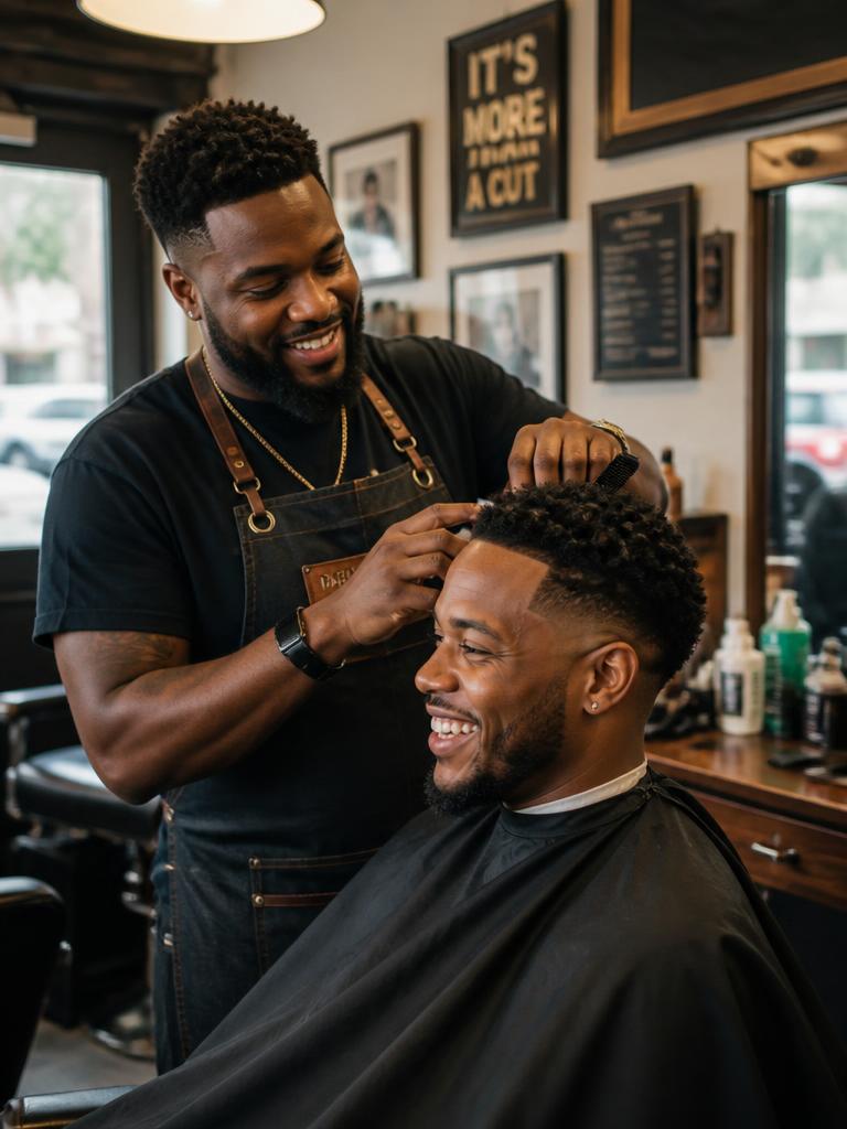 A barber smiling with a client in a Black-owned barbershop